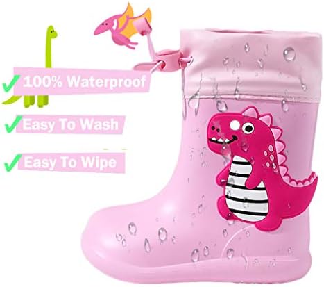Dinosaur Rain Boots With Pull On Drawstring Closure For Kids Boy And Girl Waterproof Non-Slip Unisex Children Wellies Wellington Rubber Rain Shoes Outdoors