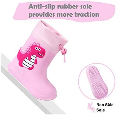 Dinosaur Rain Boots With Pull On Drawstring Closure For Kids Boy And Girl Waterproof Non-Slip Unisex Children Wellies Wellington Rubber Rain Shoes Outdoors