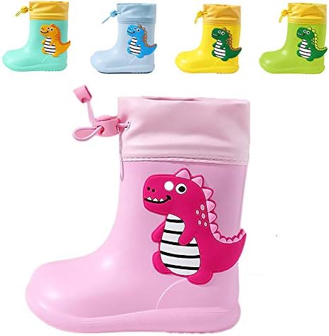Dinosaur Rain Boots with Pull On Drawstring Closure for Kids Boy and Girl Waterproof Non-Slip Unisex Children Wellies Wellington Rubber Rain Shoes Outdoors