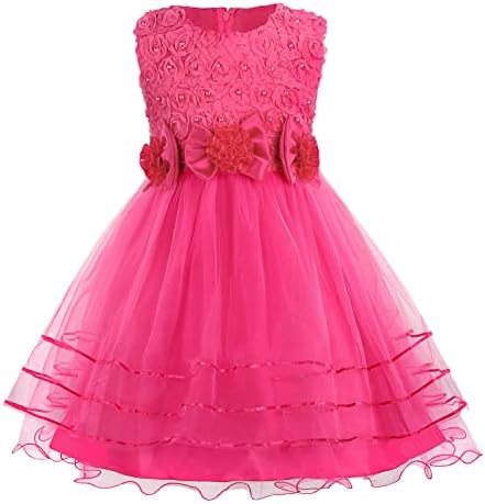 Discoball Girls Princess Dress Rose Flower Bow Tie Party Dresses Tulle Wedding Dresses Bridesmaid Christening Elegant Formal Dress for Girls