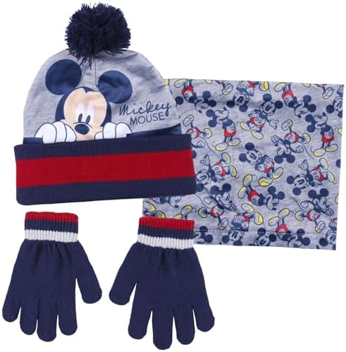 Disney Boys Mickey Mouse 3 Piece Winter Set Bobble Hat + Gloves + Snood Scarf