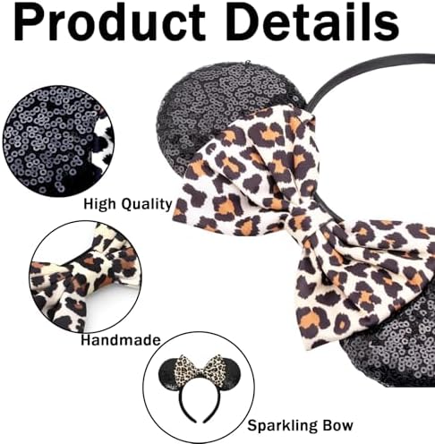 Disney Ears Headband Minnie Mouse Ears With Leopard Print Bow Glitter Party Hair Accessory For Women And Kids One Size Fits Most