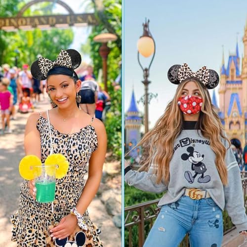 Disney Ears Headband Minnie Mouse Ears With Leopard Print Bow Glitter Party Hair Accessory For Women And Kids One Size Fits Most