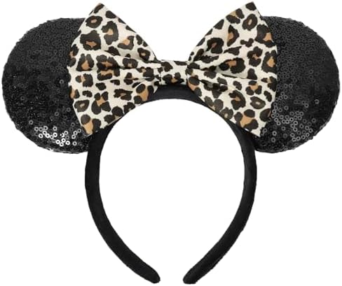Disney Ears Headband Minnie Mouse Ears with Leopard Print Bow Glitter Party Hair Accessory for Women and Kids One Size Fits Most