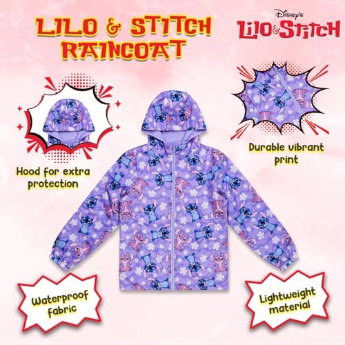 Disney Girls Lilo & Stitch Raincoat – Waterproof Fleece Lined Hooded Rain Jacket With Zip & Pockets - Kids Sizes 5-6 To 11-12 Years – Angel & Stitch Coat For Girls