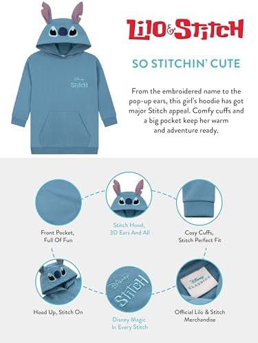 Disney Lilo And Stitch Hoodie Longline Kids Hoodie Stitch Jumper With 3D Ears Cotton Girls Clothes Ages 5 To 13 Years