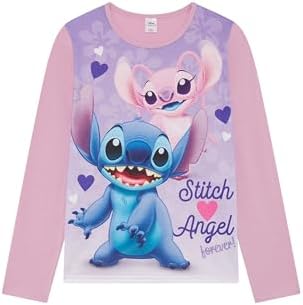 Disney Lilo & Stitch Girls 2 Piece Pyjamas Set Featuring Stitch And Angel Lilac Age 5-12 Years