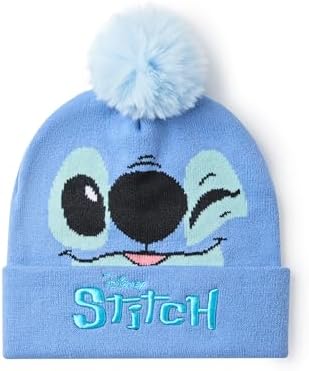 Disney Lilo & Stitch Girls Beanie Hat & Gloves Set Blue Knitted Winter Hat With Stitch Character Face Kids One Size Pom Pom Beanie With Heat Transfer Print Gloves Classic Movie Merchandise Gift