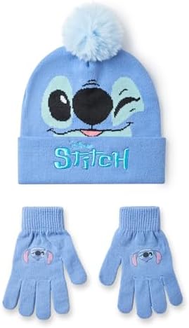 Disney Lilo & Stitch Girls Beanie Hat & Gloves Set Blue Knitted Winter Hat with Stitch Character Face Kids One Size Pom Pom Beanie with Heat Transfer Print Gloves Classic Movie Merchandise Gift