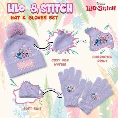Disney Lilo & Stitch Girls Hat & Gloves Set – Kids Bobble Beanie & Stretch Gloves Purple Knitted Winter Accessories Official Merchandise 100% Acrylic