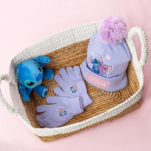 Disney Lilo & Stitch Girls Hat & Gloves Set – Kids Bobble Beanie & Stretch Gloves Purple Knitted Winter Accessories Official Merchandise 100% Acrylic
