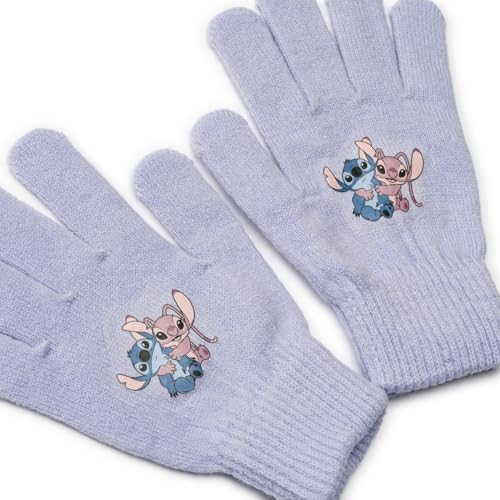 Disney Lilo & Stitch Girls Hat & Gloves Set – Kids Bobble Beanie & Stretch Gloves Purple Knitted Winter Accessories Official Merchandise 100% Acrylic
