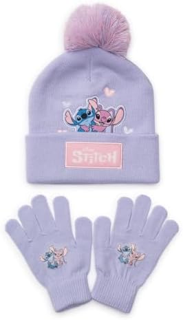 Disney Lilo & Stitch Girls Hat & Gloves Set – Kids Bobble Beanie & Stretch Gloves Purple Knitted Winter Accessories Official Merchandise 100% Acrylic
