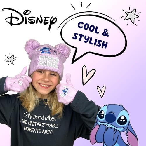 Disney Lilo & Stitch Winter Hat & Gloves Set For Girls – Warm & Cosy Beanie Hat & Gloves – Perfect For Kids Ages 6-12