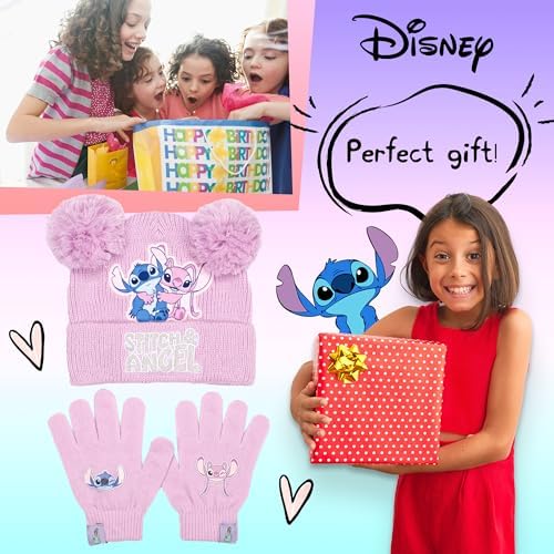 Disney Lilo & Stitch Winter Hat & Gloves Set For Girls – Warm & Cosy Beanie Hat & Gloves – Perfect For Kids Ages 6-12