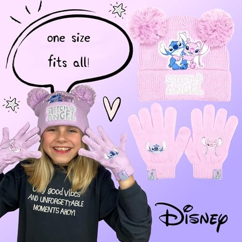 Disney Lilo & Stitch Winter Hat & Gloves Set For Girls – Warm & Cosy Beanie Hat & Gloves – Perfect For Kids Ages 6-12