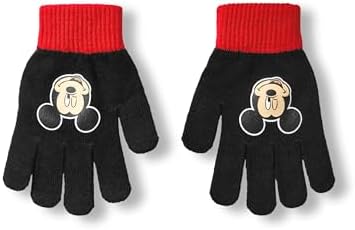 Disney Mickey Mouse Boys Beanie Hat & Gloves Set Black & Red Knitted Winter Hat With Pom Poms Kids One Size Hat & Gloves With Mickey Mouse Character Face Classic Cartoon Merchandise Gift
