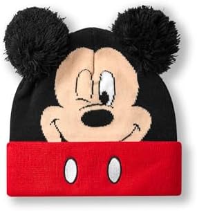 Disney Mickey Mouse Boys Beanie Hat & Gloves Set Black & Red Knitted Winter Hat With Pom Poms Kids One Size Hat & Gloves With Mickey Mouse Character Face Classic Cartoon Merchandise Gift