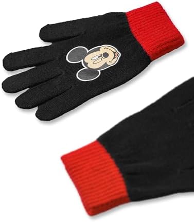 Disney Mickey Mouse Boys Beanie Hat & Gloves Set Black & Red Knitted Winter Hat With Pom Poms Kids One Size Hat & Gloves With Mickey Mouse Character Face Classic Cartoon Merchandise Gift