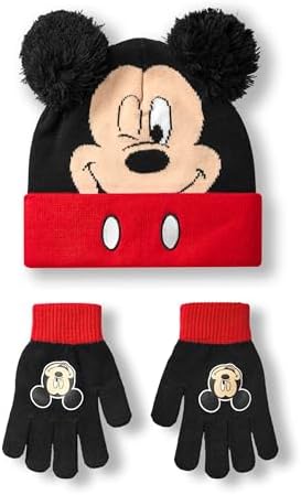 Disney Mickey Mouse Boys Beanie Hat & Gloves Set Black & Red Knitted Winter Hat with Pom Poms Kids One Size Hat & Gloves with Mickey Mouse Character Face Classic Cartoon Merchandise Gift