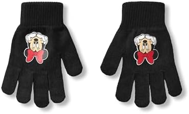 Disney Minnie Mouse Girls Beanie Hat & Gloves Set Black Knitted Winter Hat With Pom Poms And Red Bow Kids One Size Hat & Gloves With Minnie Mouse Character Face Classic Cartoon Merchandise Gift