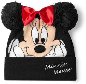 Disney Minnie Mouse Girls Beanie Hat & Gloves Set Black Knitted Winter Hat With Pom Poms And Red Bow Kids One Size Hat & Gloves With Minnie Mouse Character Face Classic Cartoon Merchandise Gift