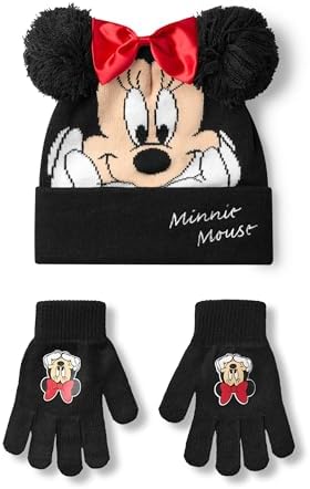 Disney Minnie Mouse Girls Beanie Hat & Gloves Set Black Knitted Winter Hat with Pom Poms and Red Bow Kids One Size Hat & Gloves with Minnie Mouse Character Face Classic Cartoon Merchandise Gift