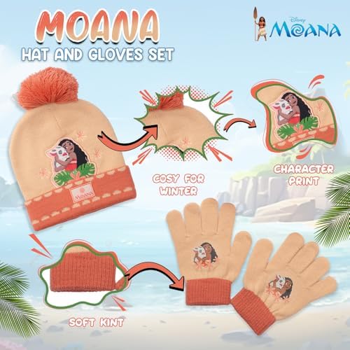 Disney Moana Girls Hat & Gloves Set – Knitted Bobble Beanie & Gloves 100% Acrylic Winter Warm Kids Cold-Weather Accessory Set