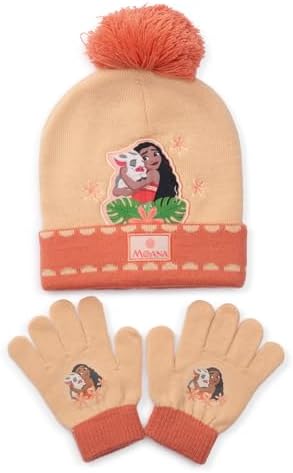 Disney Moana Girls Hat & Gloves Set – Knitted Bobble Beanie & Gloves 100% Acrylic Winter Warm Kids Cold-Weather Accessory Set