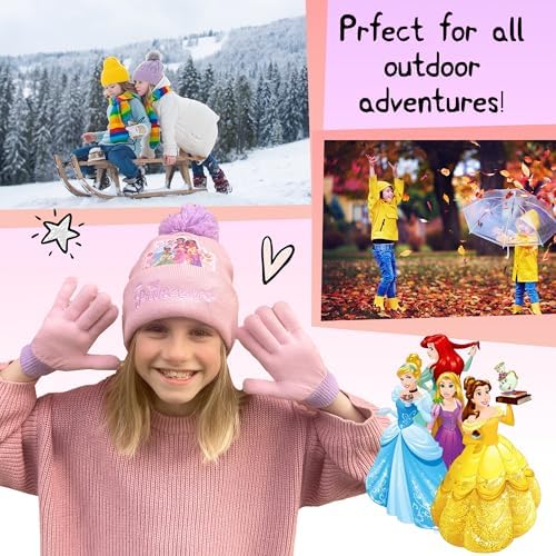 Disney Princesses Winter Hat & Gloves Set For Girls – Warm & Cosy Beanie Hat & Gloves – Perfect For Kids Ages 3-9