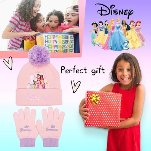 Disney Princesses Winter Hat & Gloves Set For Girls – Warm & Cosy Beanie Hat & Gloves – Perfect For Kids Ages 3-9