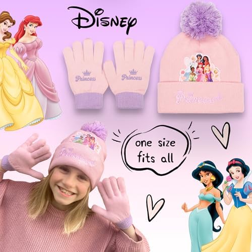 Disney Princesses Winter Hat & Gloves Set For Girls – Warm & Cosy Beanie Hat & Gloves – Perfect For Kids Ages 3-9