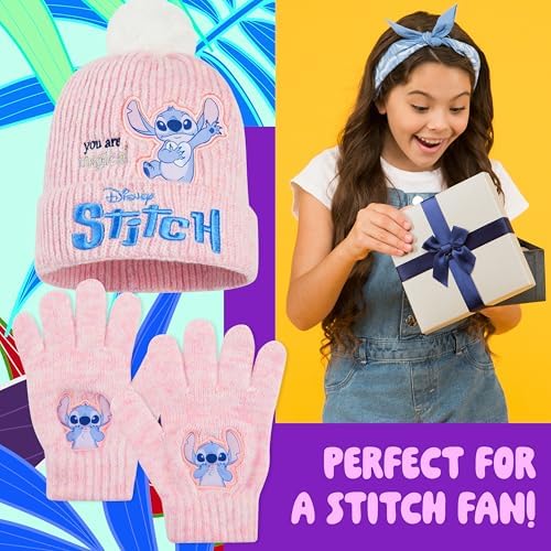 Disney Stitch Girls Beanie Hat And Gloves Kids Teenagers 2 Pcs Winter Accessories Set For School Or Travel Stitch Gifts