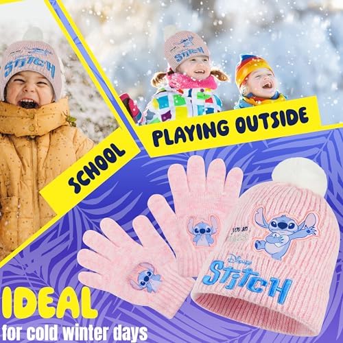 Disney Stitch Girls Beanie Hat And Gloves Kids Teenagers 2 Pcs Winter Accessories Set For School Or Travel Stitch Gifts