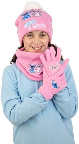 Disney Stitch Hat And Gloves 3 Piece Set Girls Bobble Hat And Snood Set Winter Hats For Kids One Size Pink
