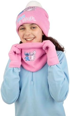 Disney Stitch Hat And Gloves 3 Piece Set Girls Bobble Hat And Snood Set Winter Hats For Kids One Size Pink