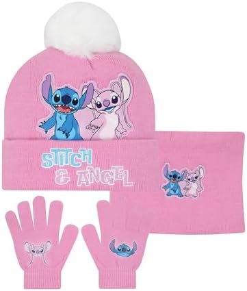 Disney Stitch Hat And Gloves 3 Piece Set Girls Bobble Hat And Snood Set Winter Hats For Kids One Size Pink