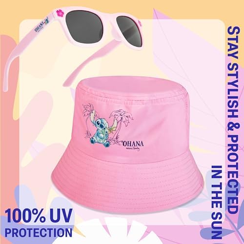 Disney Stitch Sunglasses And Bucket Hat Summer Accessories Set For Girls Lightweight Breathable One Size Sun Hat 100% UV Protection Kids Sunglasses Travel Holiday Stitch Gifts For Girls