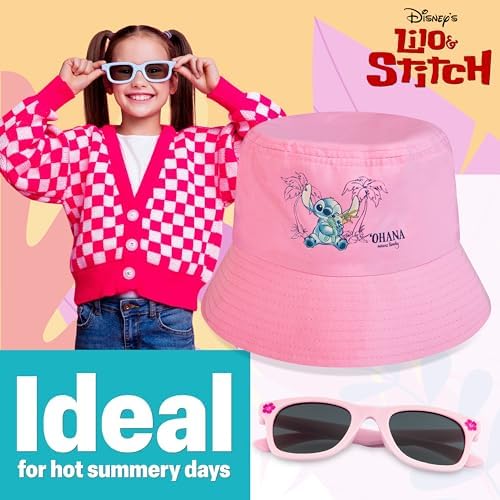 Disney Stitch Sunglasses And Bucket Hat Summer Accessories Set For Girls Lightweight Breathable One Size Sun Hat 100% UV Protection Kids Sunglasses Travel Holiday Stitch Gifts For Girls