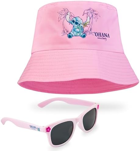 Disney Stitch Sunglasses and Bucket Hat Summer Accessories Set for Girls Lightweight Breathable One Size Sun Hat 100% UV Protection Kids Sunglasses Travel Holiday Stitch Gifts for Girls