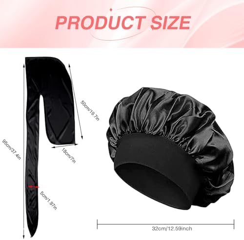 DOOCECIY 3 PCS Hair Silk Bonnet For Sleeping Set Satin Cap For Women And Men Curly Hair (Black)