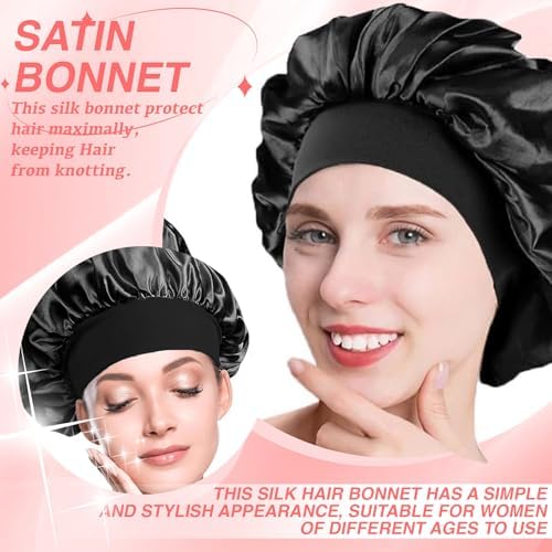 DOOCECIY 3 PCS Hair Silk Bonnet For Sleeping Set Satin Cap For Women And Men Curly Hair (Black)
