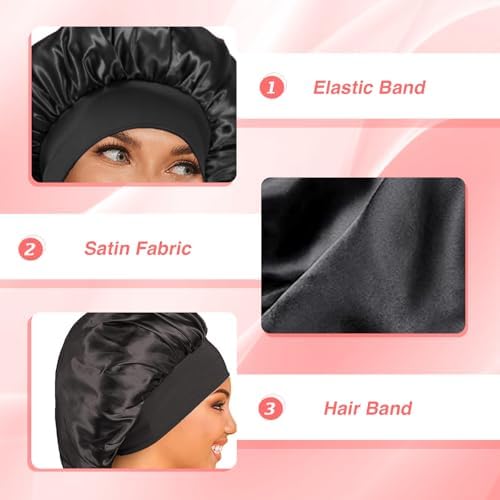 DOOCECIY 3 PCS Hair Silk Bonnet For Sleeping Set Satin Cap For Women And Men Curly Hair (Black)
