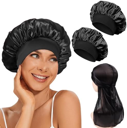 DOOCECIY 3 PCS Hair Silk Bonnet for Sleeping Set Satin Cap for Women and Men Curly Hair (Black)