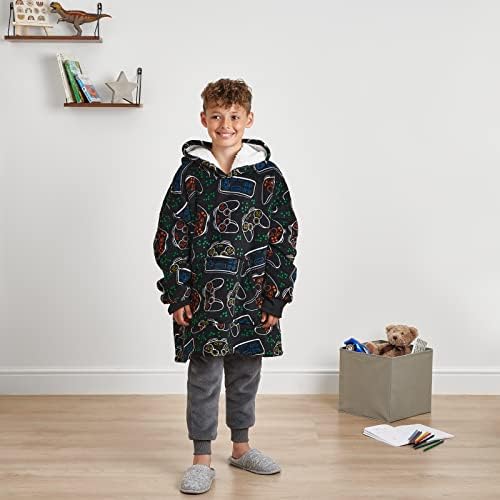 Dreamscene Gaming Oversized Hoodie Blanket Sweatshirt Soft Sherpa Fleece Throw Cosy Wearable Hooded Blanket Big Jumper - Black One Size Fits All - Kids