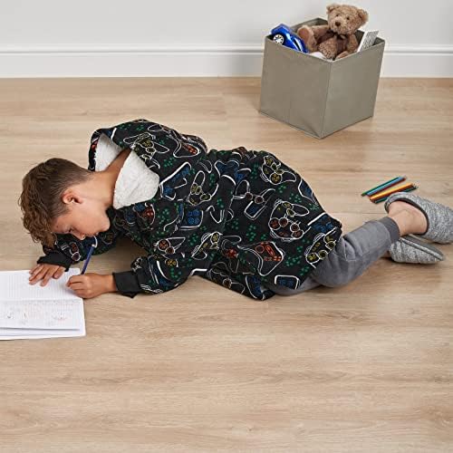 Dreamscene Gaming Oversized Hoodie Blanket Sweatshirt Soft Sherpa Fleece Throw Cosy Wearable Hooded Blanket Big Jumper - Black One Size Fits All - Kids