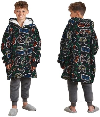 Dreamscene Gaming Oversized Hoodie Blanket Sweatshirt Soft Sherpa Fleece Throw Cosy Wearable Hooded Blanket Big Jumper - Black One Size Fits All - Kids