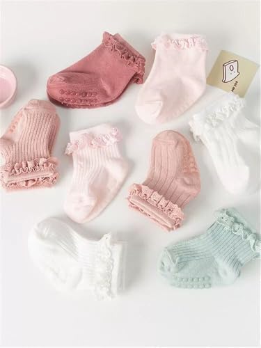 DRESHOW Infant Ruffle Lace Socks Non-slip Plain Frilly Baby Socks Newborn Toddlers Girls Ankle Dress Socks