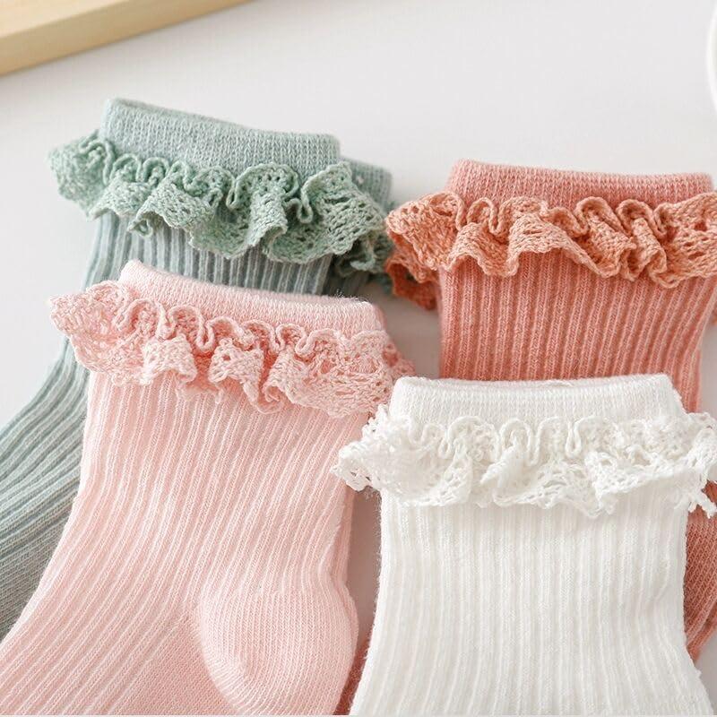 DRESHOW Infant Ruffle Lace Socks Non-slip Plain Frilly Baby Socks Newborn Toddlers Girls Ankle Dress Socks