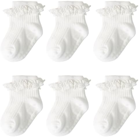 DRESHOW Infant Ruffle Lace Socks Non-slip Plain Frilly Baby Socks Newborn Toddlers Girls Ankle Dress Socks